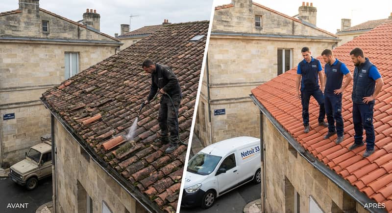 Avant et après un nettoyage de toiture à Bordeaux par NETOIT 33 - tuiles nettoyées et équipe sur le toit