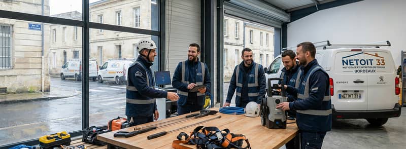 L'équipe de couvreurs NETOIT 33 dans l'entrepôt à Bordeaux, préparation du matériel de nettoyage de toiture